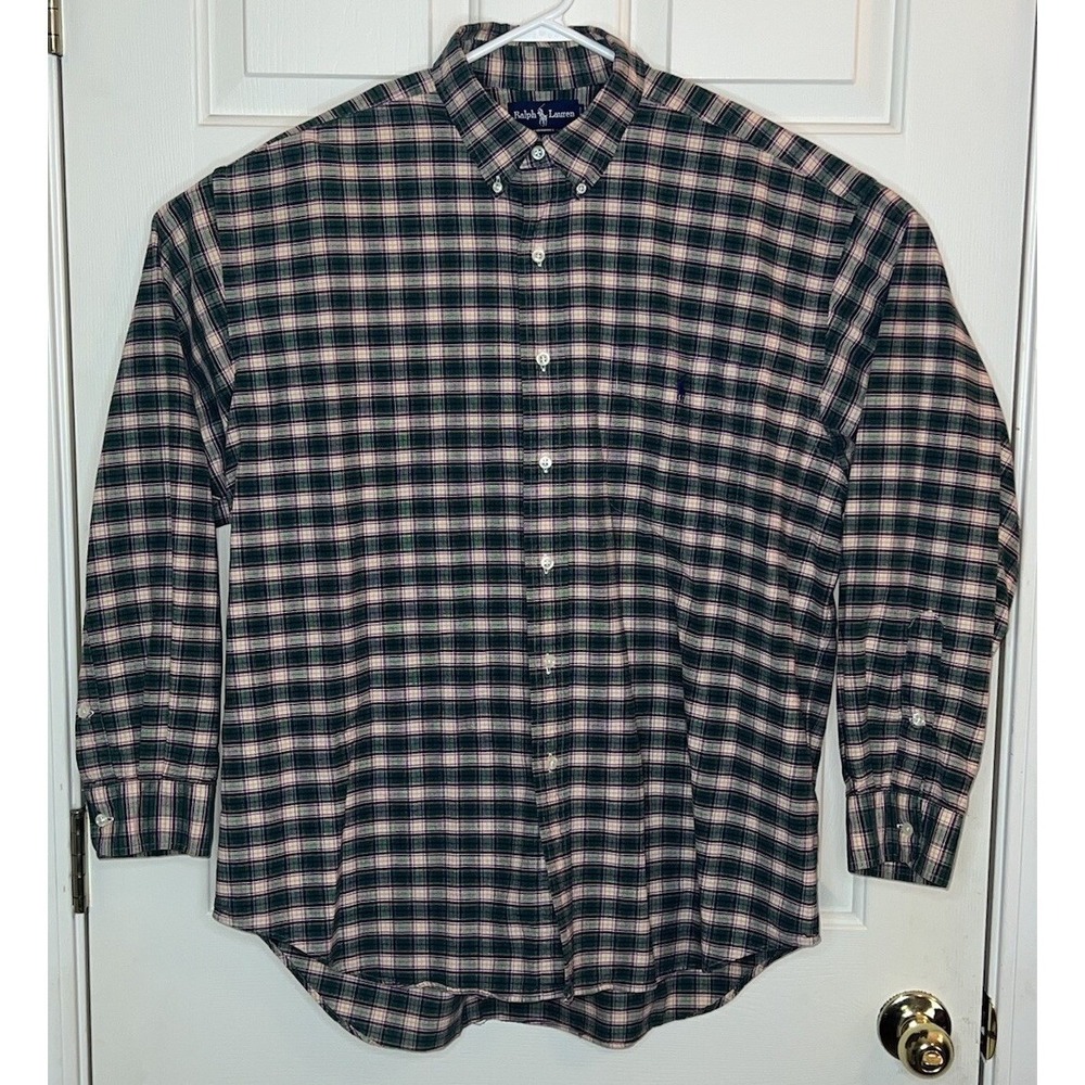 Ralph Lauren Big Shirt Mens Large Plaid Button Down Green Navy 100% Cotton L
